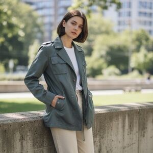 WHBM Utility Jacket Size 00 Olive Green Belted Stretch Cotton